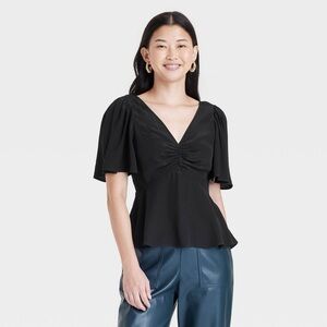 A New Day Black Flutter Sleeve Peplum Blouse